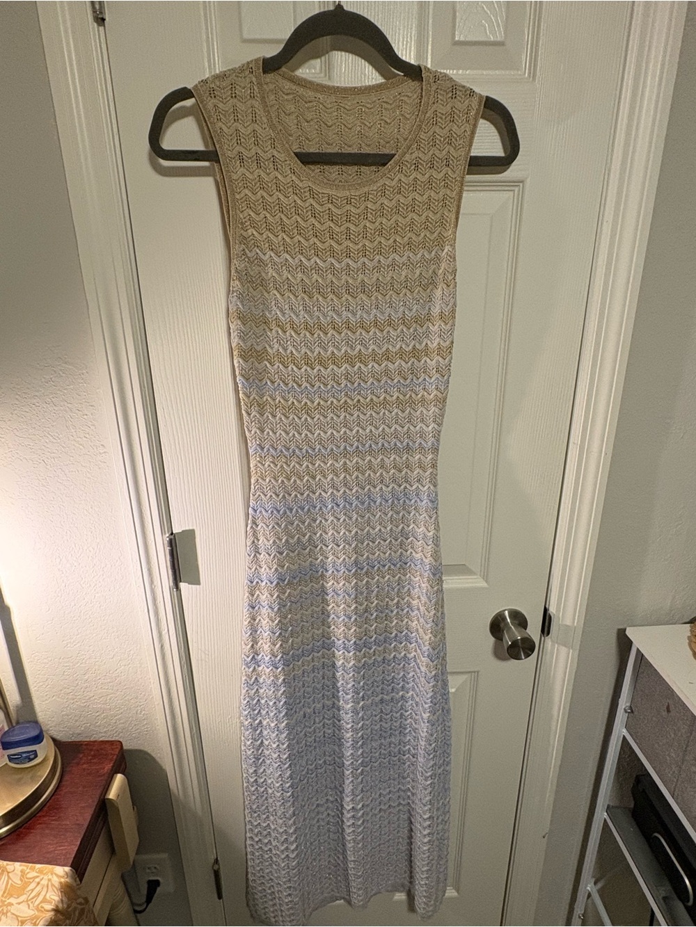 Sleeveless Chevron Knit Maxi Dress in Beige and Light Blue